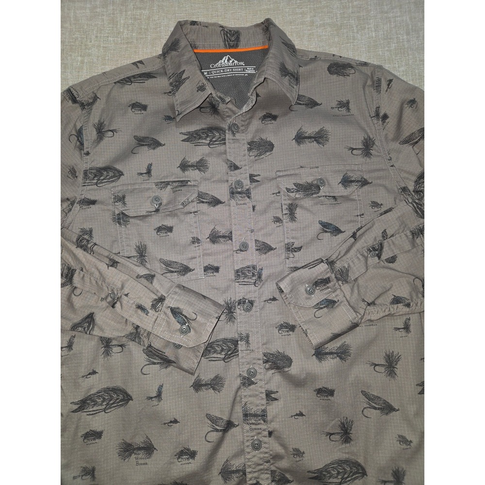 Croft & Barrow Mens Medium Quick Dry Fly Fishing Shirt Ripstop Lure Print Gray